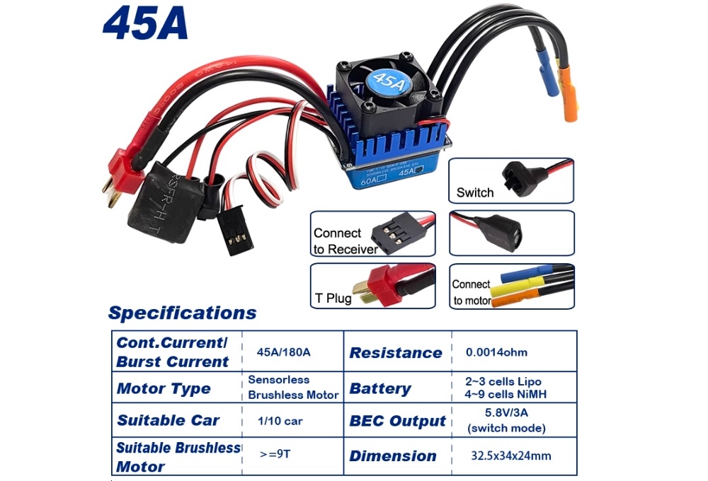 45A Brushless ESC H0072 Parts for VRX Racing 1/10 RC Truck for Adults