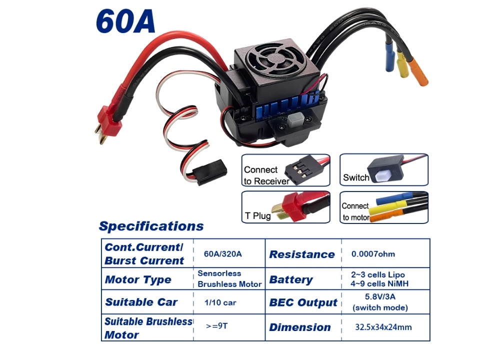 60A Brushless ESC H0082 Parts for VRX Racing 1/10 RC Truck for Adults